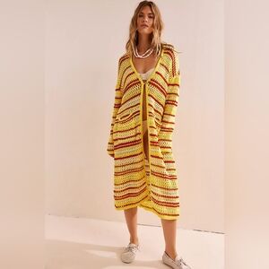 Free People Yellow and Red Striped Cardigan